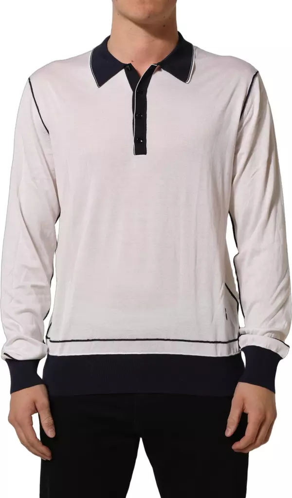 White Silk Collared Henley Pullover Sweater
