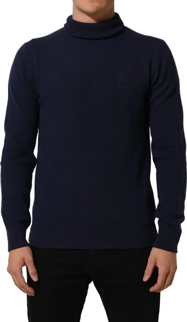 Blue Wool Knit Turtleneck Pullover Sweater