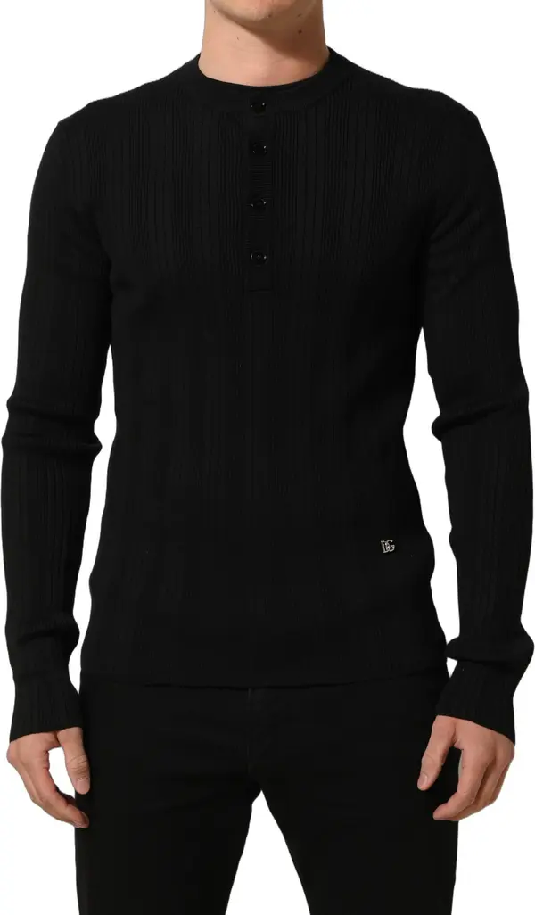 Black Silk Blend Henley Pullover Men Sweater