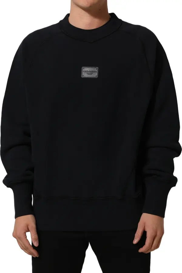 Black Logo Plaque Cotton Crew Neck Pullover Sweater