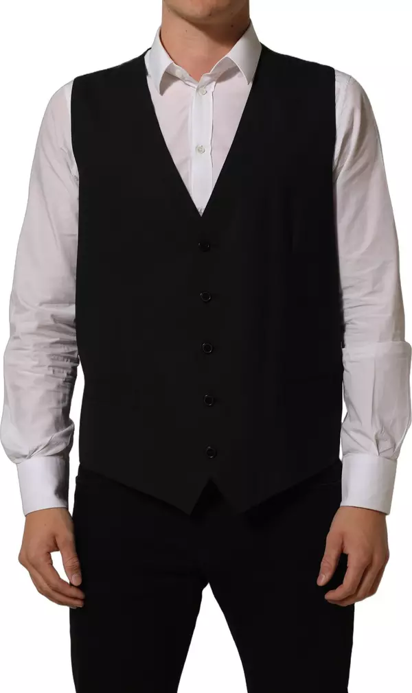 Black Wool Stretch Waistcoat Formal Vest