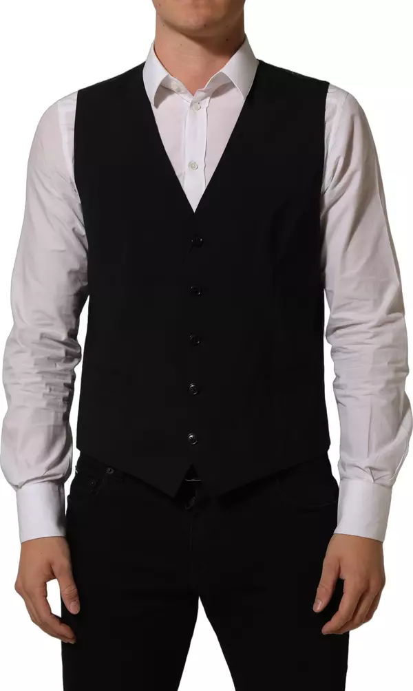 Black Wool Stretch Waistcoat Formal Dress Vest