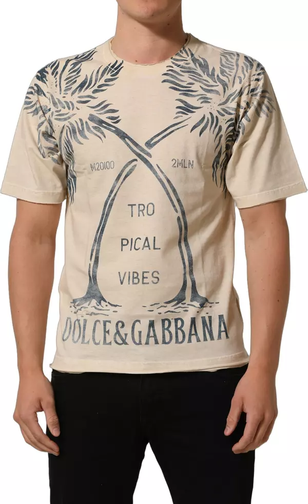 Beige Cotton Graphic Print Crew Neck T-shirt