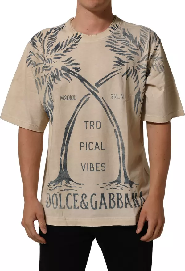 Beige Cotton Graphic Print Crew Neck T-shirt