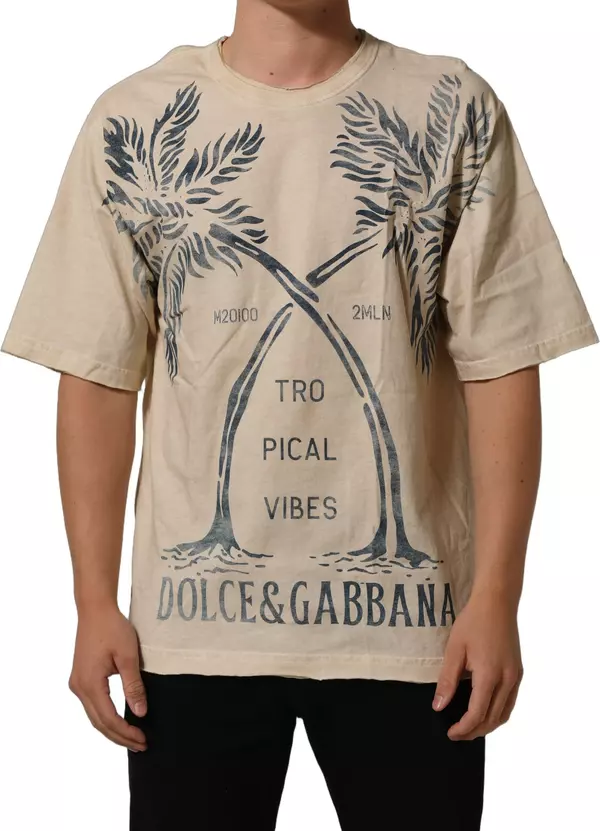 Beige Cotton Graphic Print Crew Neck T-shirt