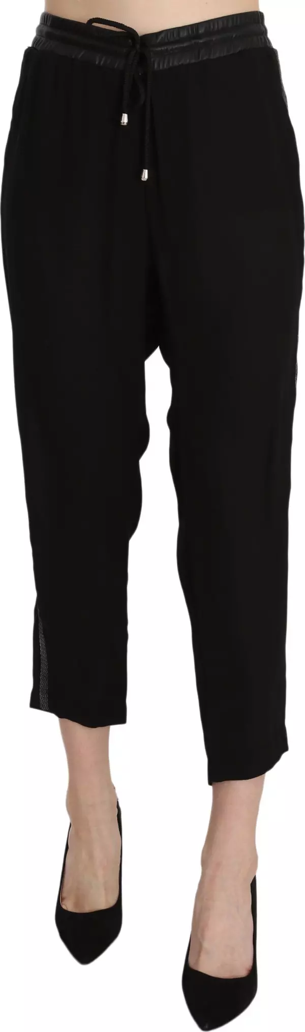 Black Polyester High Waist Cropped Trousers Pants