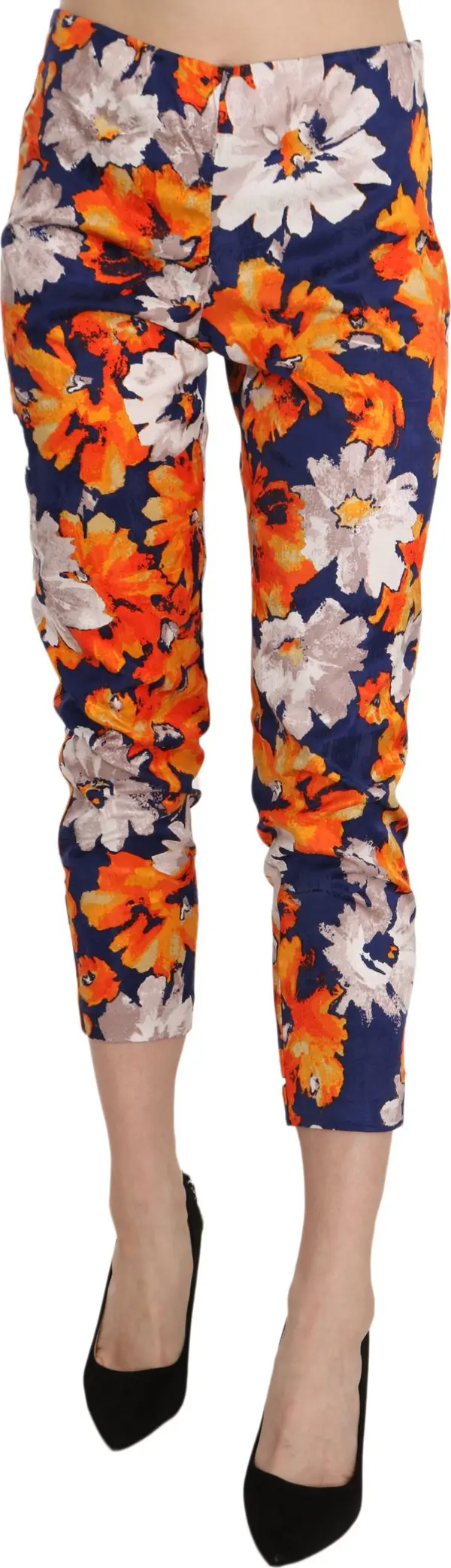 Blue Floral Print Skinny Slim Fit Trousers Pants