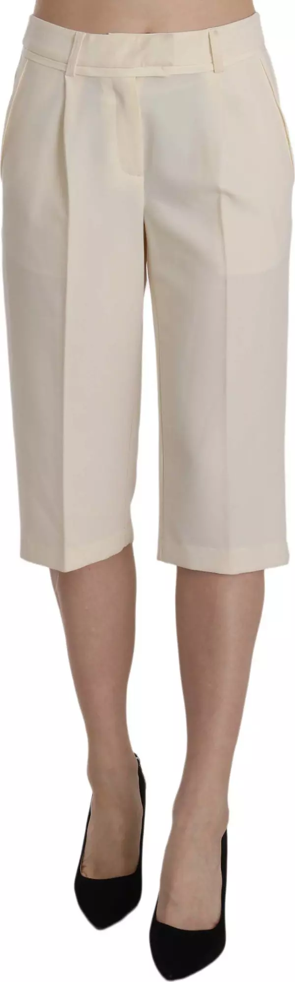 Cream Mid Waist Cotton Straight Cropped Pants