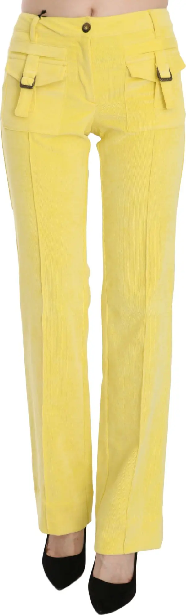 Yellow Corduroy Mid Waist Straight Trousers Pants