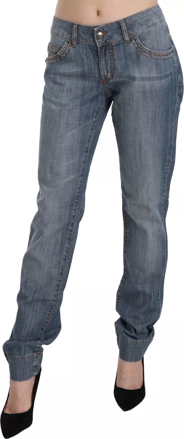 Blue Washed Cotton Low Waist Slim Fit Denim Pants