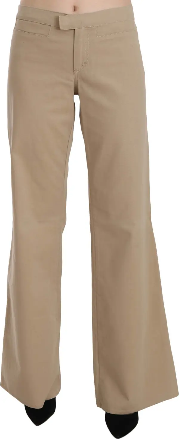 Beige Cotton Mid Waist Flared Trousers Pants