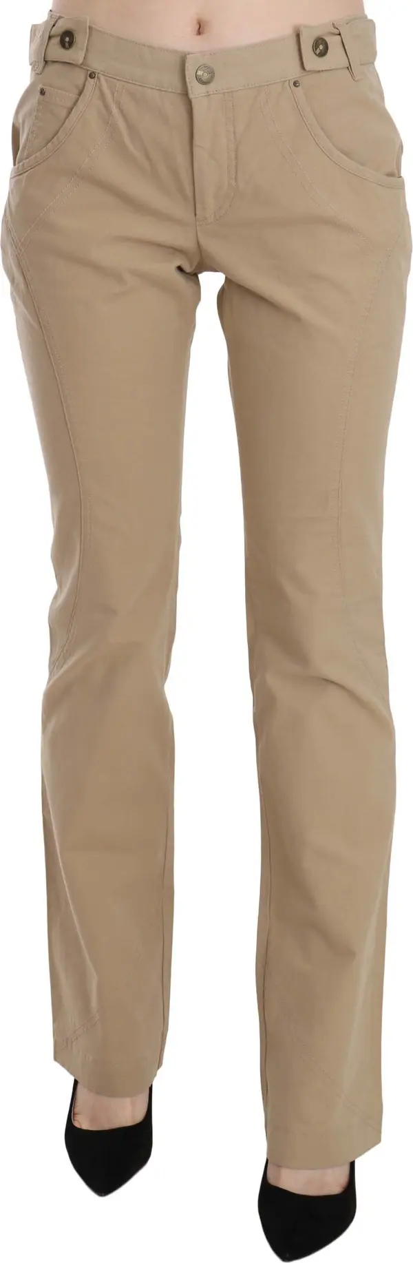 Beige Cotton Mid Waist Straight Trousers Pants