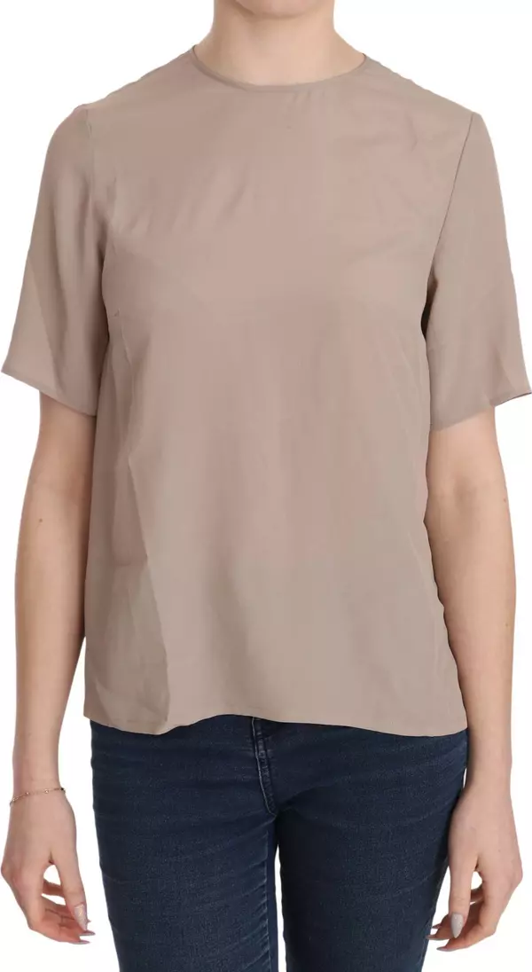 Beige Crew Neck Short Sleeve Blouse