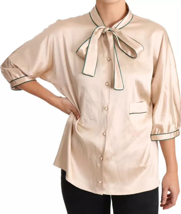 Beige Ribbon Silk Stretch Top Blouse