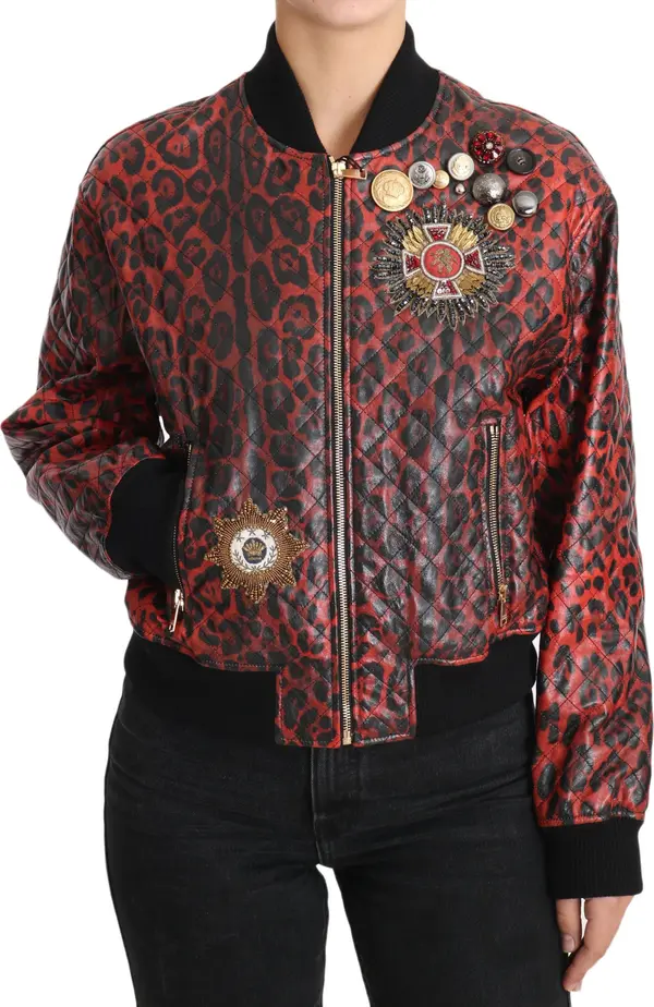 Red Leopard Button Crystal Leather Jacket