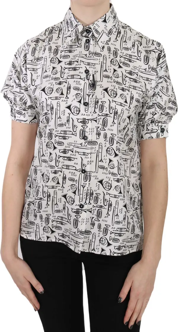 Trumpet Print Button Front Silk Top Blouse
