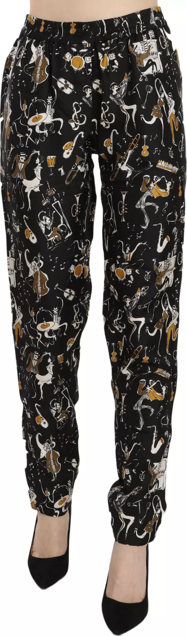 Black Jazz Club Print High Waist Tapered Pants