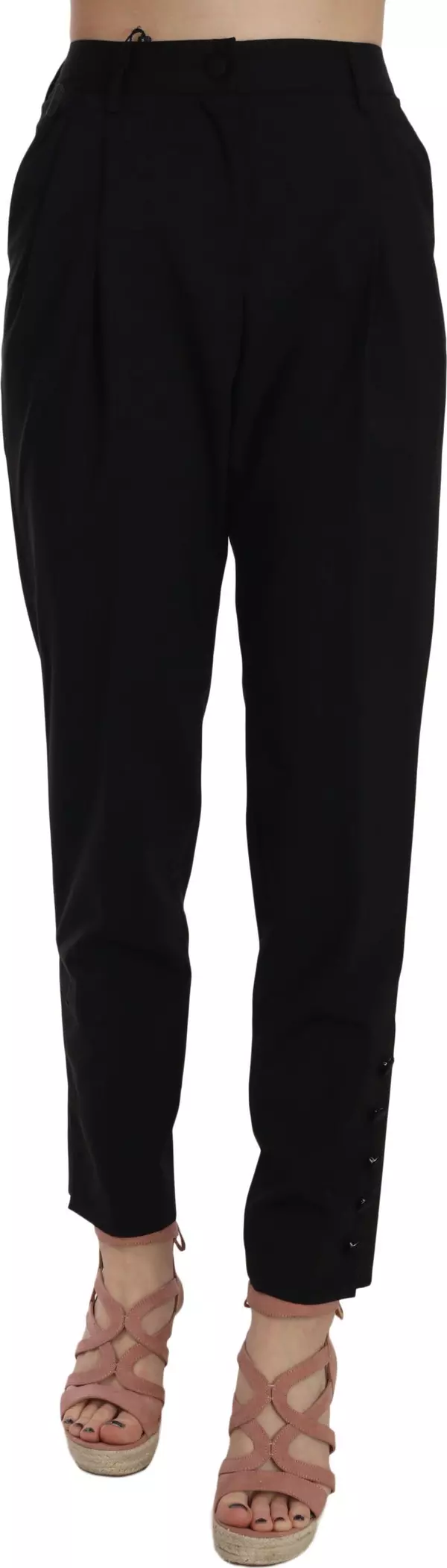 Black Button Pleated Tapered Trouser Pants
