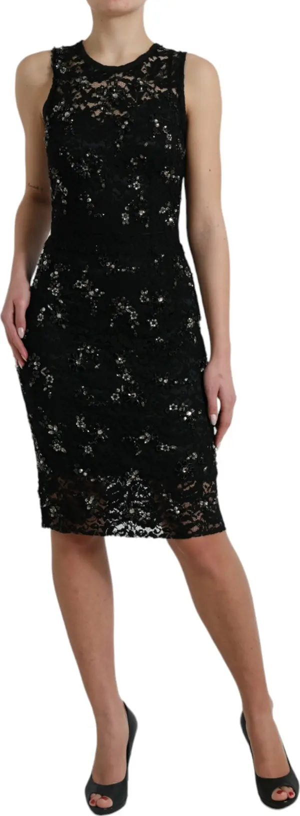 Black Floral Lace Crystal Sheath Dress