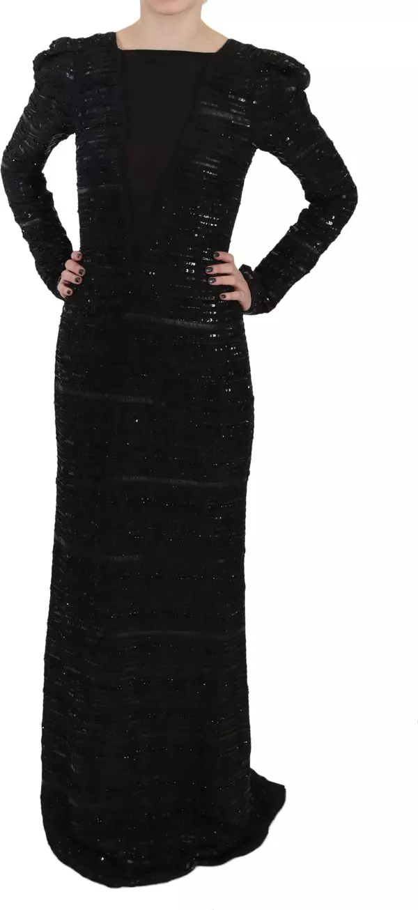 Black Silk Full Length Sequined Gown Dress