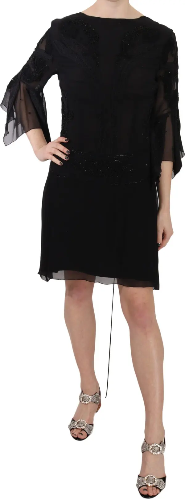 Black Sequined Silk Mini Shift Gown