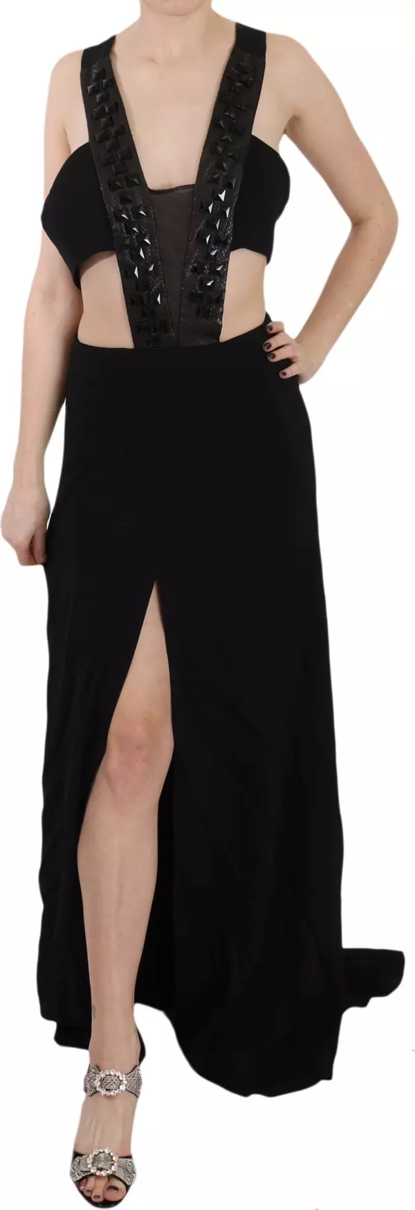 Black Crystal Leather Gown Flare Dress
