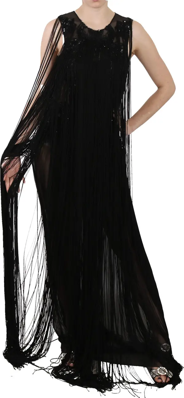 Black Silk Beaded Sequined Sheer Dress