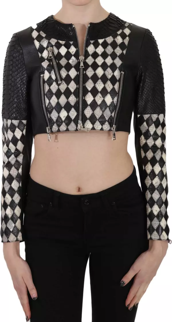 Black White Leather Short Cropped Biker Jacket Coat