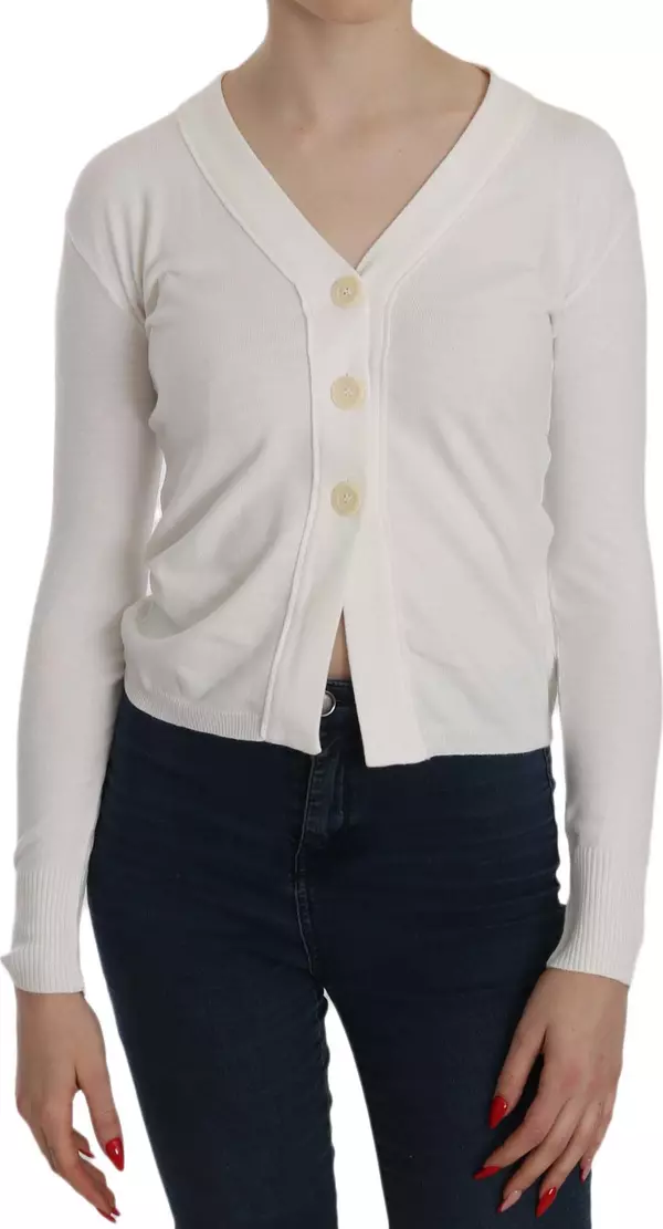 White V-neck Long Sleeve Cropped Cardigan Tops Sweater