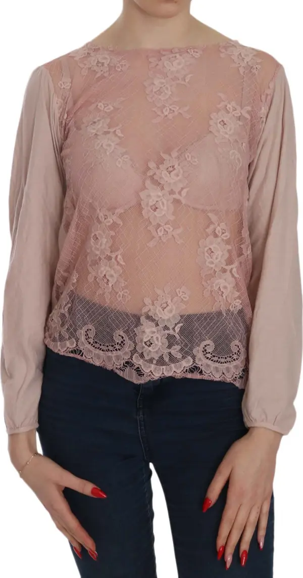 Pink Lace See Through Long Sleeve Blouse