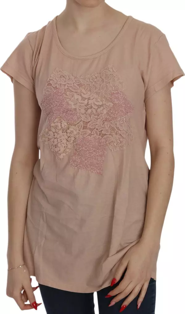 Pink Cream Lace Short Sleeve Shirt Top Cotton Blouse