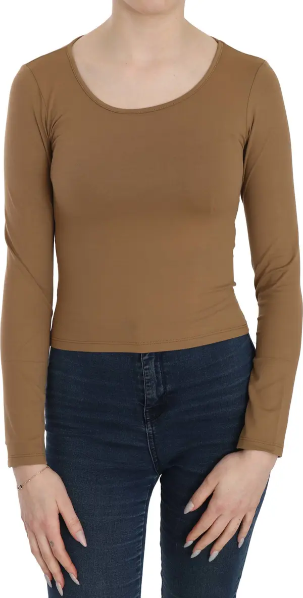 Brown Long Round Neck Sleeve Fitted Shirt Tops Blouse