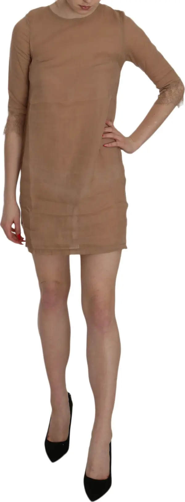 Brown 3/4 Sleeve Crewneck Shift Mini Dress