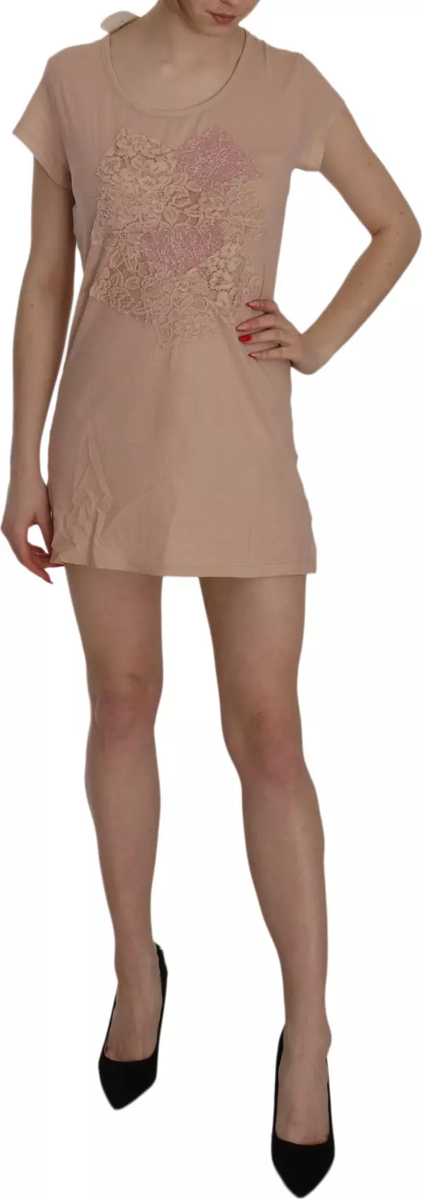 Pink Lace Short Sleeve Shift Mini Dress