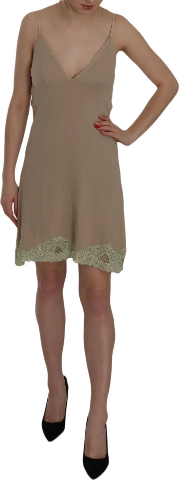 Beige Lace Spaghetti Strap Mini Cotton Dress