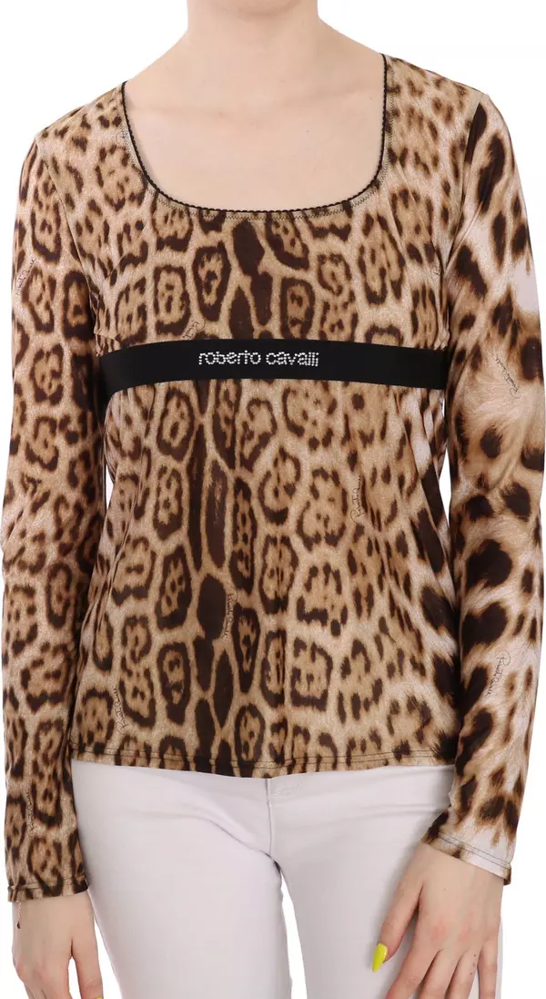 Brown Round Neck Leopard Women Top Blouse