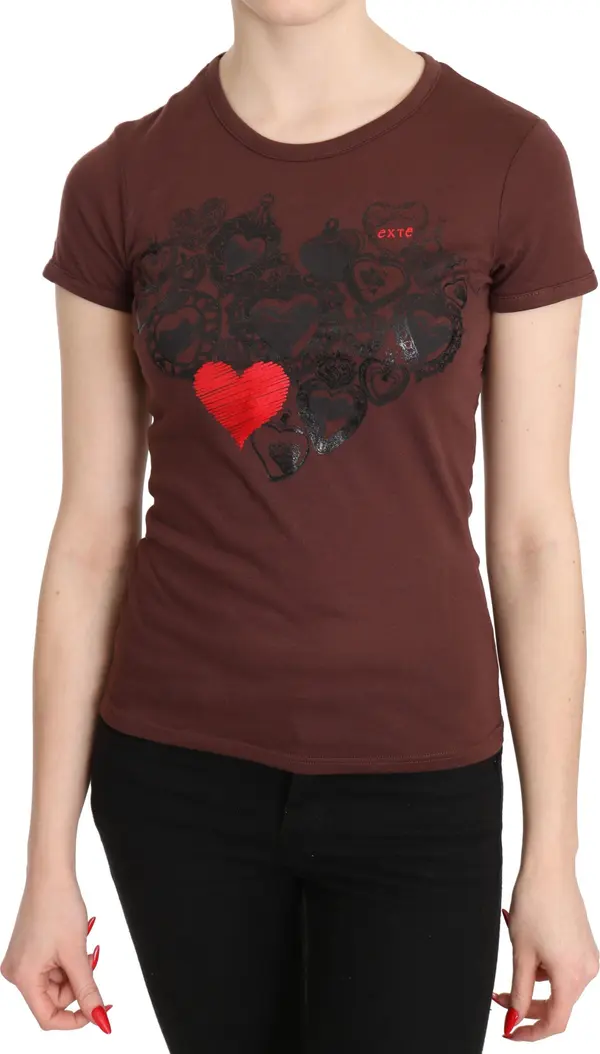 Brown Hearts Printed Round Neck T-shirt Top
