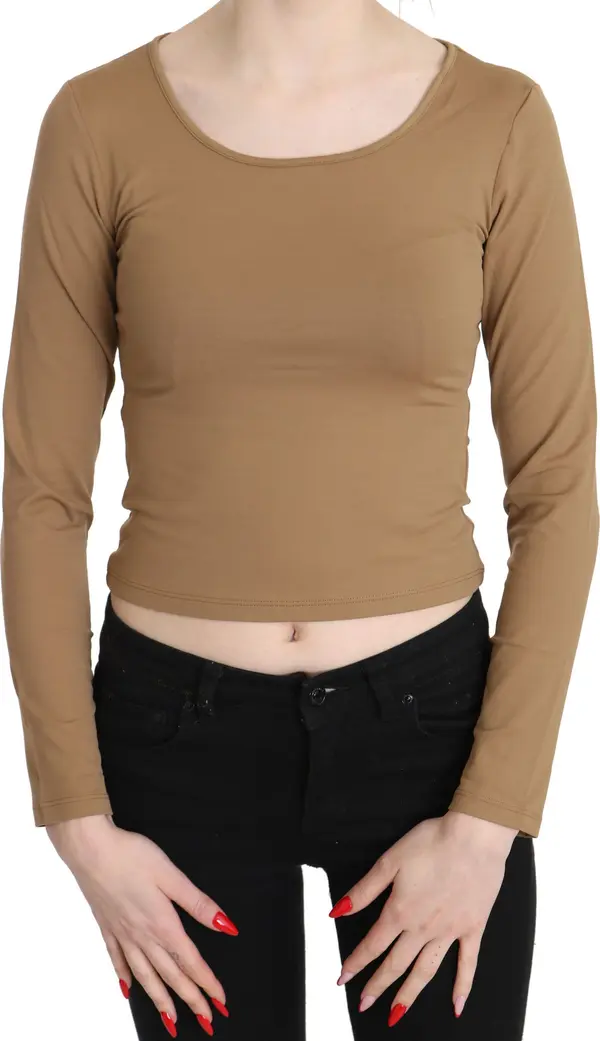 Brown Round Neck Long Sleeve Slim Crop Top Blouse