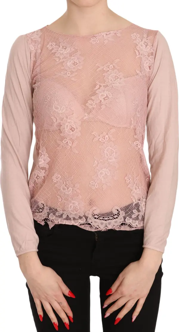 Pink Lace See Through Long Sleeve Top Blouse