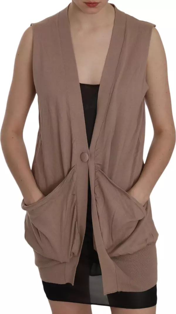 Brown 100% Cotton Sleeveless Cardigan Top Vest