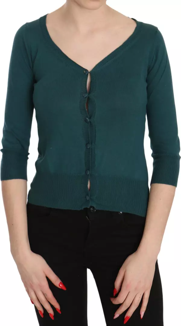 Blue Green Cotton 3/4 Sleeve Cardigan Top Blouse