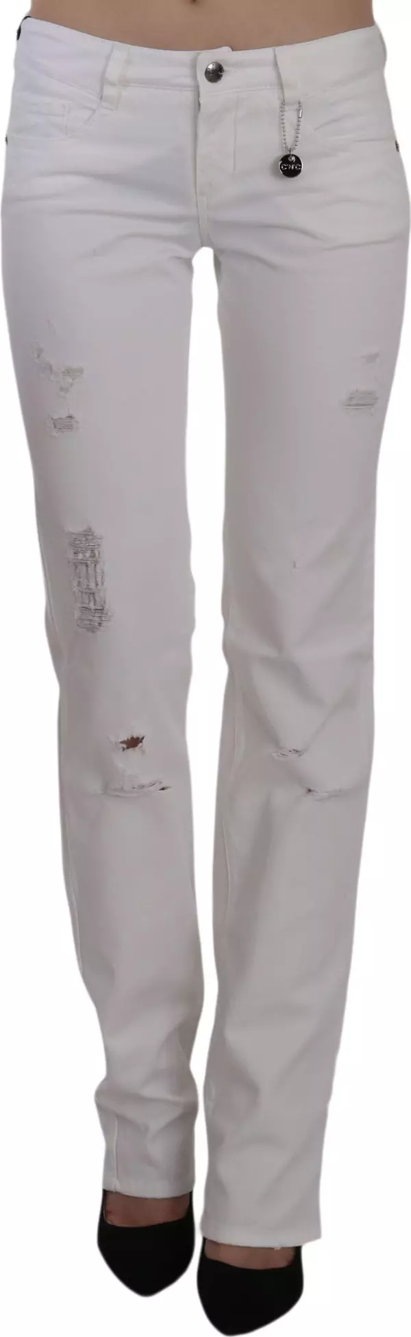 White Cotton Slim Fit Straight Jeans Pants