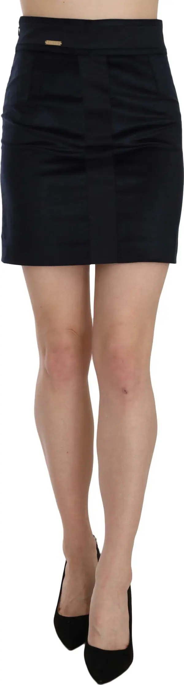 Blue Cotton Blend High Waist A-line Mini Skirt