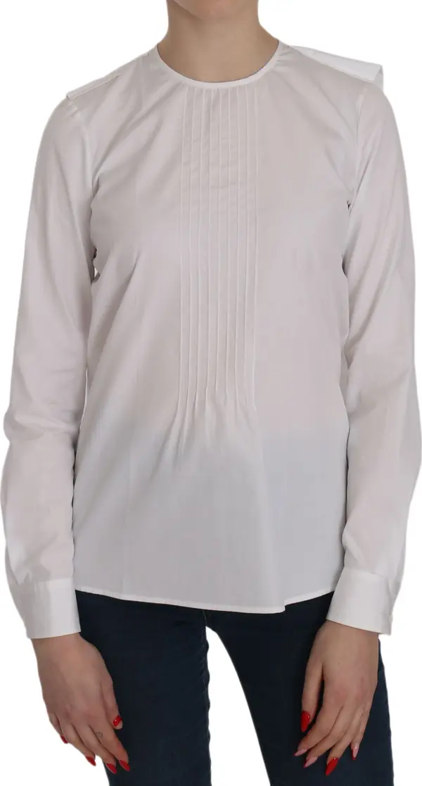 White Crew Neck Long Sleeve Cotton Blouse