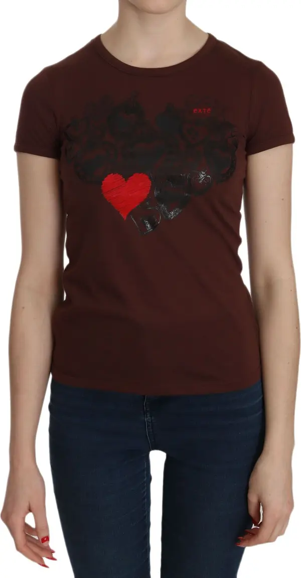 Brown Heart Print Crew Neck T-shirt Short Sleeve Blouse