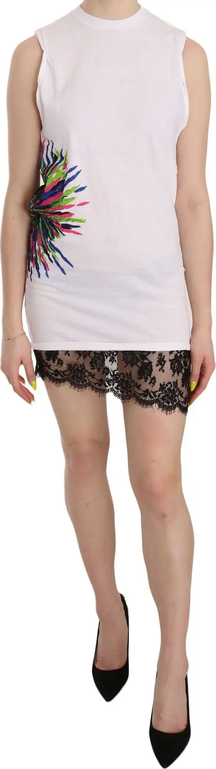 White Printed Crew Neck Sleeveless Bodycon Mini Dress