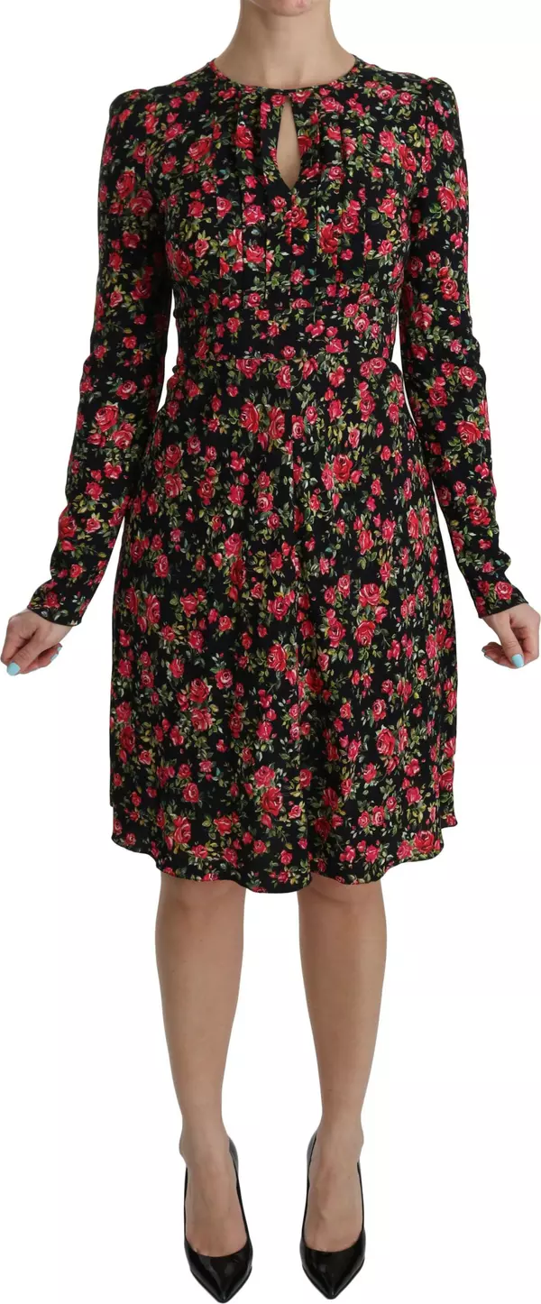 Black Floral Longsleeve Knee Length Dress