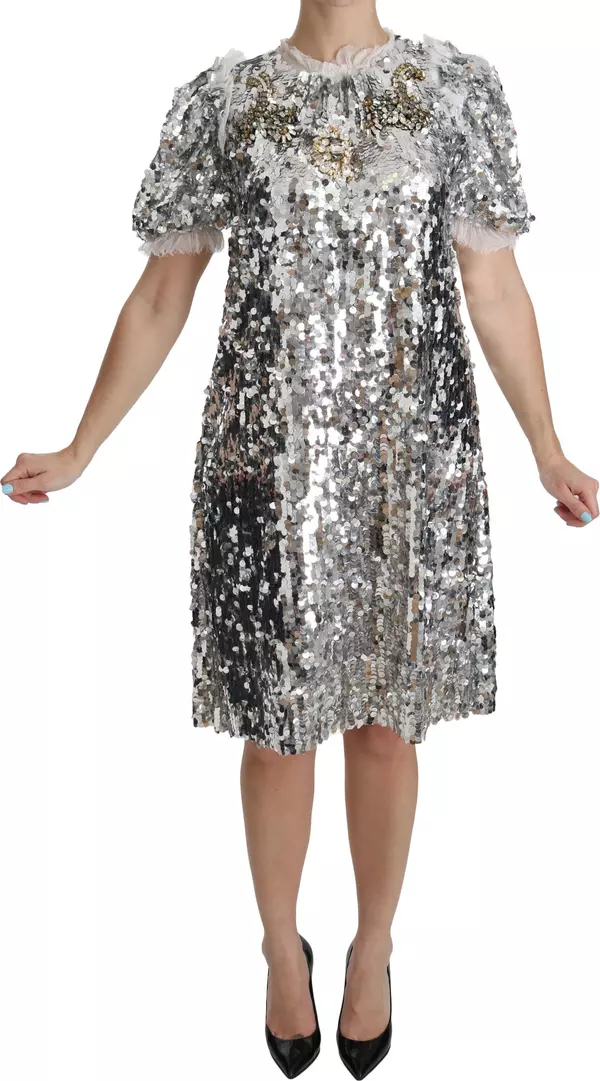 Silver Sequined Crystal Shift Gown Dress