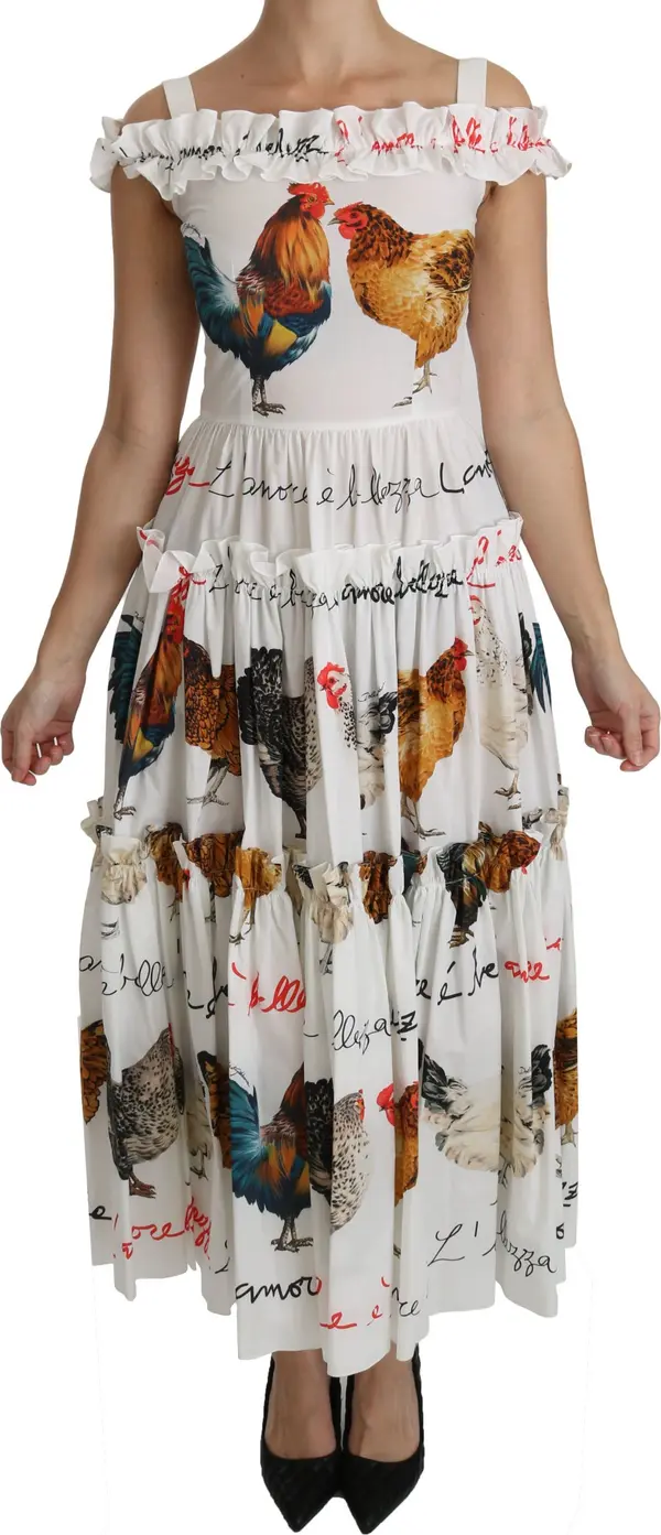 White Rooster Sheath Midi Cotton Dress
