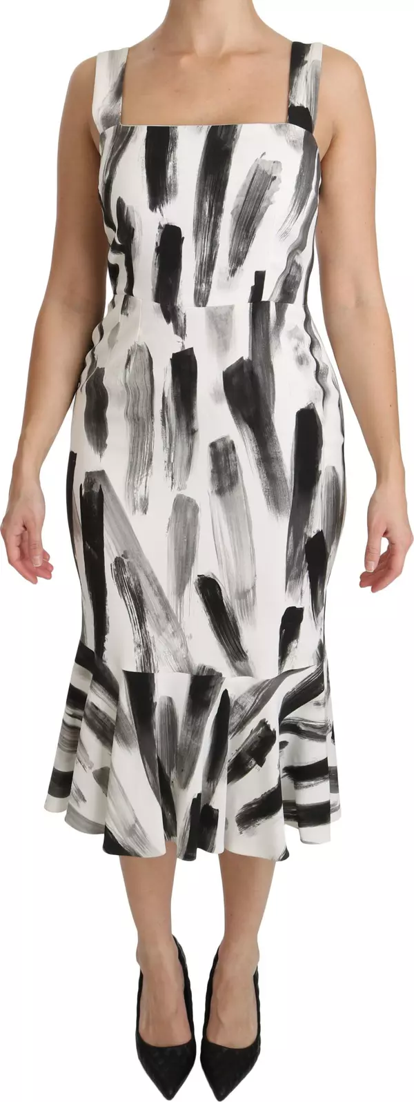 White Black Printed Sheath Midi Viscose Dress